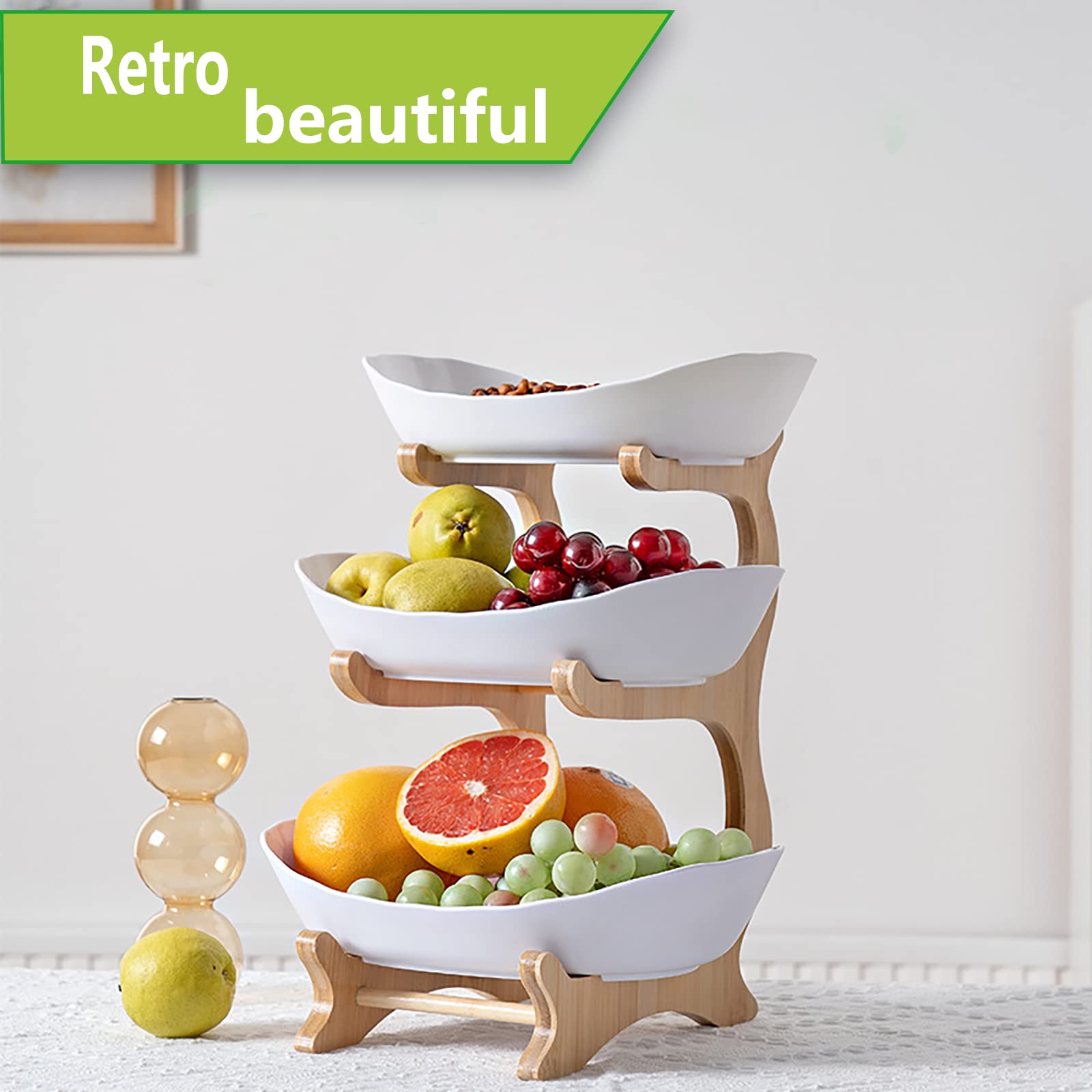 Présentoir à fruits à 3 étages, Corbeille a Fruits Céramique avec support eois résistant Présentoir à fruits à 3 étages, Corbeille a Fruits Céramique avec support eois résistant