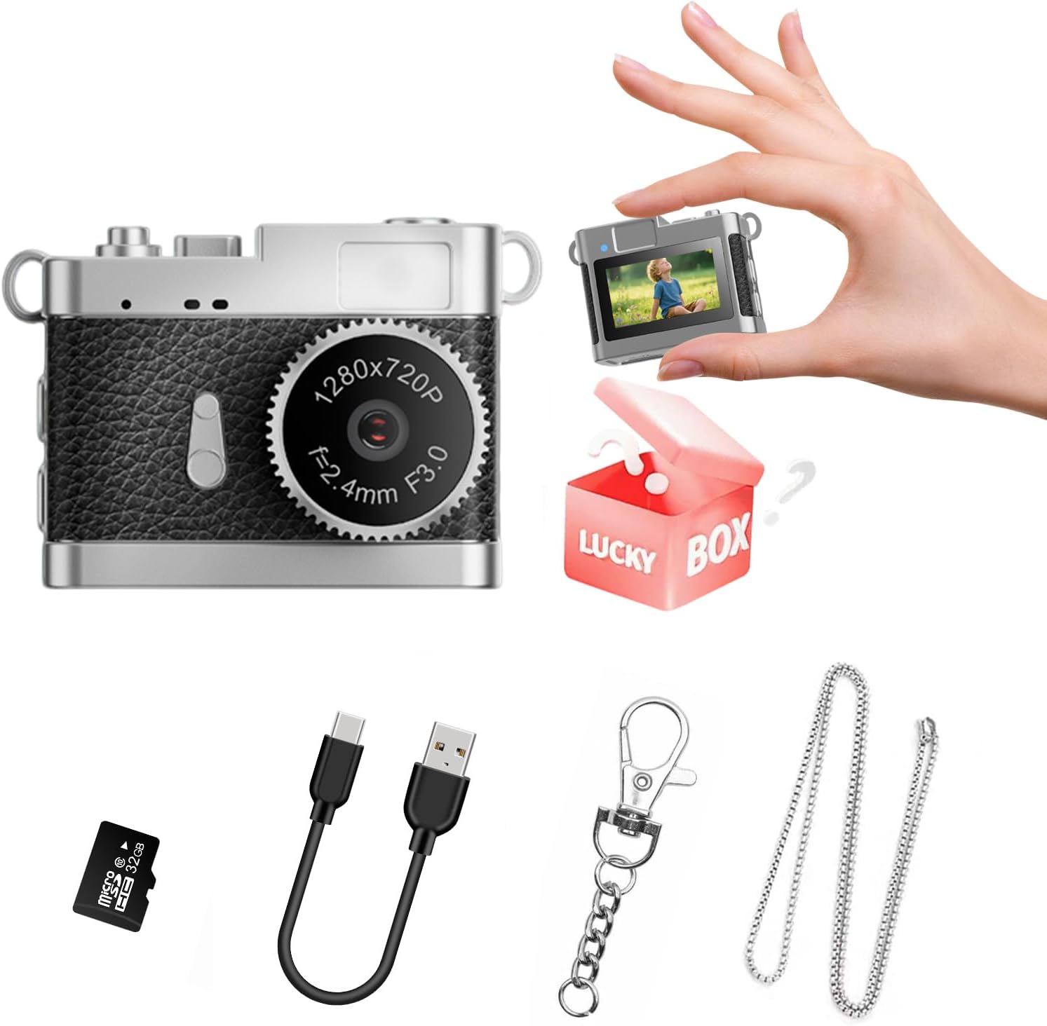 KOOMTOOM Keychain Camera,720P HD Mini Retro Camera,Tiny Digital Photocamera with 32GB SD Card,0.96'' Pocket Video Recorder Gift for Kids Students,Suprise Box Included (K142 - Black)
