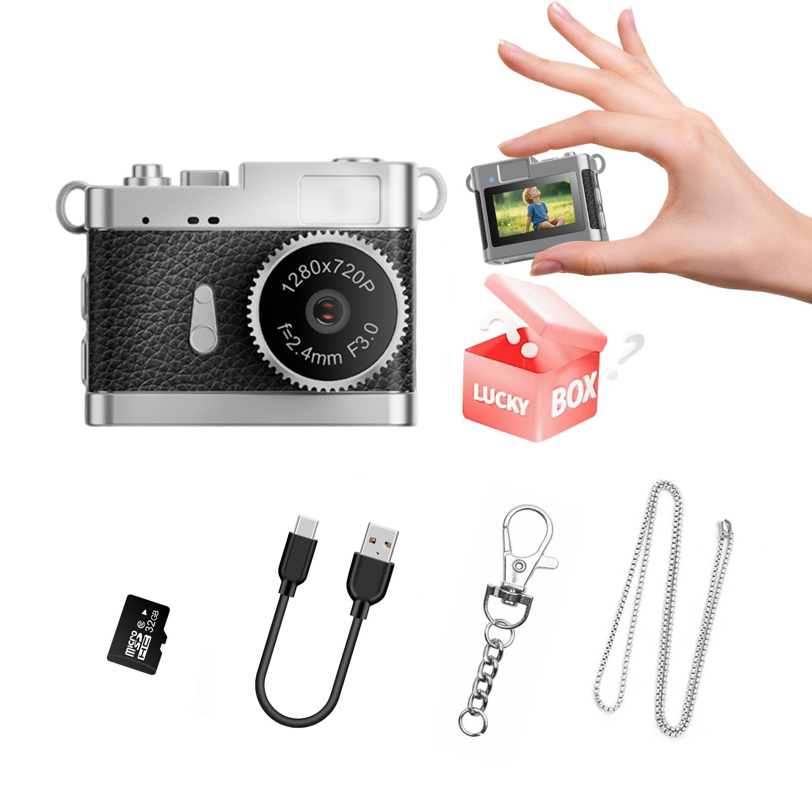 KOOMTOOM Keychain Camera,720P HD Mini Retro Camera,Tiny Digital Photocamera with 32GB SD Card,0.96'' Pocket Video Recorder Gift for Kids Students,Suprise Box Included (K142 - Black)