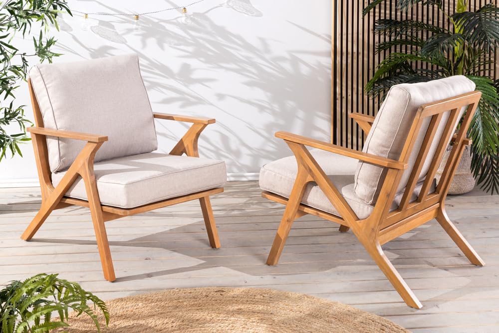 Riess Ambiente Wetterfester Gartenstuhl Comfort LINE - Natur beige - Akazie Massivholz - Loungesessel Gartensessel inkl. Kissen