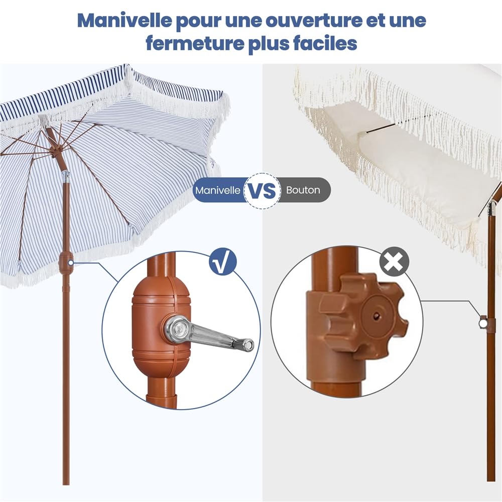 Yaheetech Parasol de Jardin d'extérieur avec Franges, 236/275cm, Parasol Inclinable, Anti-UV/l'eau, avec Canopée Réglable, Manivelle, 8 Baleines, Housse