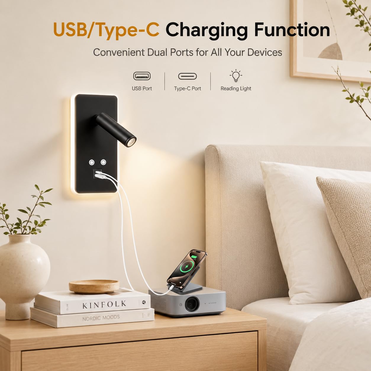 2Pcs Applique Murale Intérieure LED, Liseuse de chevet LED avec interrupteur, port de charge USB et Type C, Lampe Murale Tactile Dimmable, 3000K Liseuse Lampe de Lecture pour Chambres Salon Hôtel