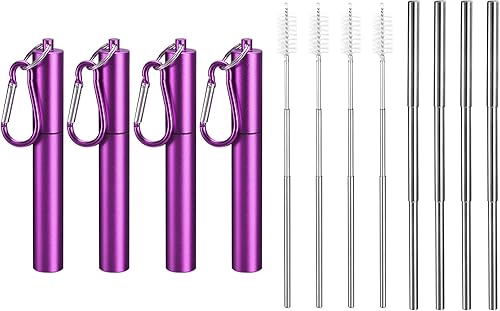 uxcell 4 popotes de metal reutilizables, de 3.7 a 9.1 pulgadas, pajitas telescópicas portátiles de acero inoxidable con estuche plano y cepillo de