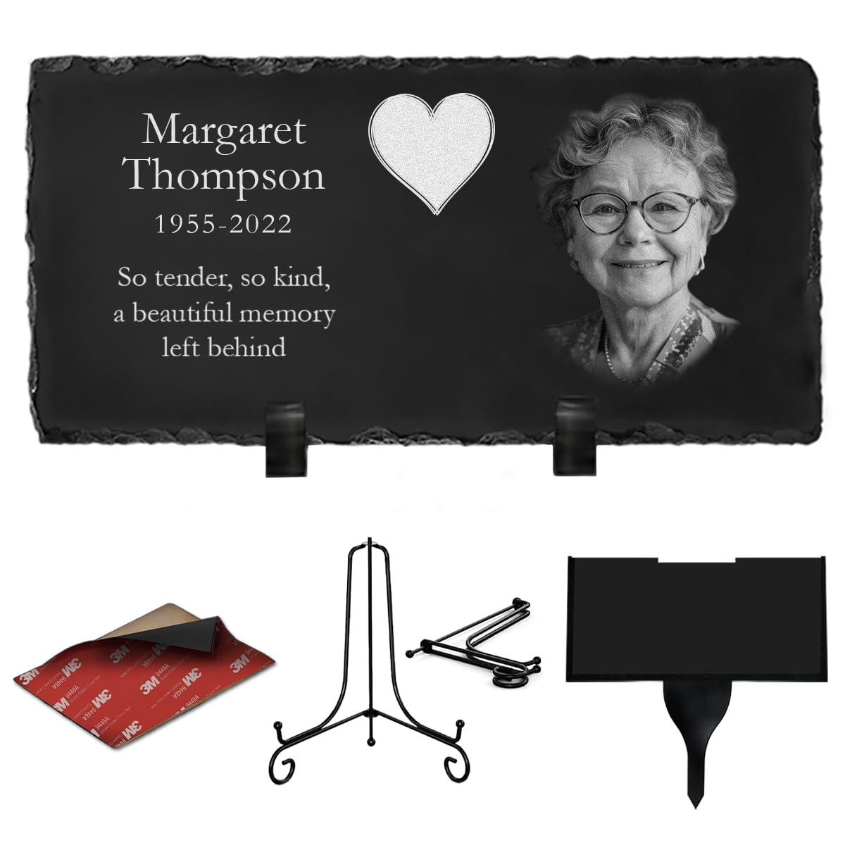 ETERNEL - Personalized Multi-Supports Heart Memorial Plaque - to plant, stick or place, Slate or Granite, Photo and text of your choice, Cemetery plaque, mortuary, grave, deceased, tribute
