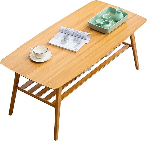 HM&DX Mesa auxiliar de bambú, mesa auxiliar rectangular con estante abierto de almacenamiento, mesa de centro de 2 niveles, mesa central de mediados