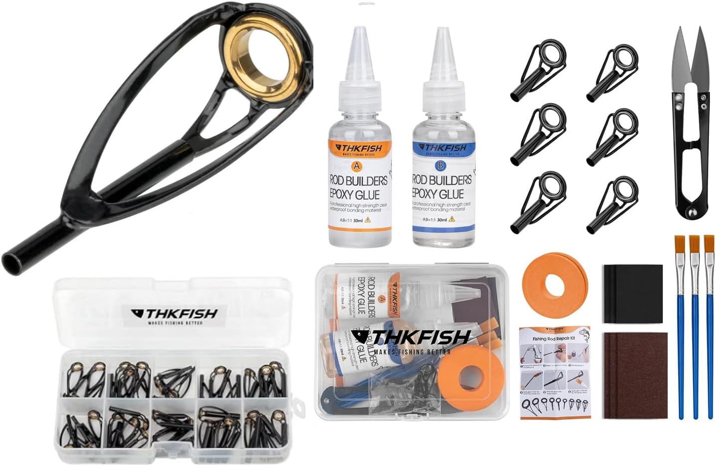THKFISH Fishing Rod Tip Repair Kit or Rod Guides with Glue, Fishing Pole Tips Replacement Kit for Fishing Pole Tip with Rod Guides, Epoxy Glue, Wrapping Thread and Tape