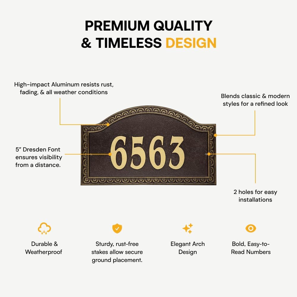 Whitehall™ Grande Wall Address Plaque Personalized Cast Metal Arch Sign Custom 1-line House Numbers Sign for Outside Penhurst Dresden Font House Street Modern Plaque upto 5 Characters (5" inch)- Made in USA