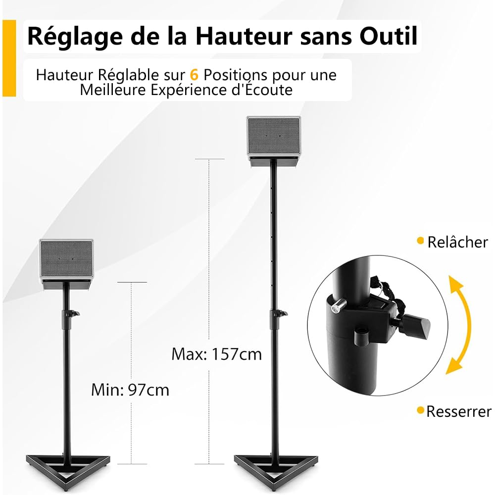 SOARS Support Enceint, Lot de 2 Pieds Enceintes avec Pied Triangulaire, Réglable en Hauteur de 97 à 157 CM, Stable en Acier, Charge Maximale 50 kg, pour Maison, Bureau, Club, Mariage, Noir