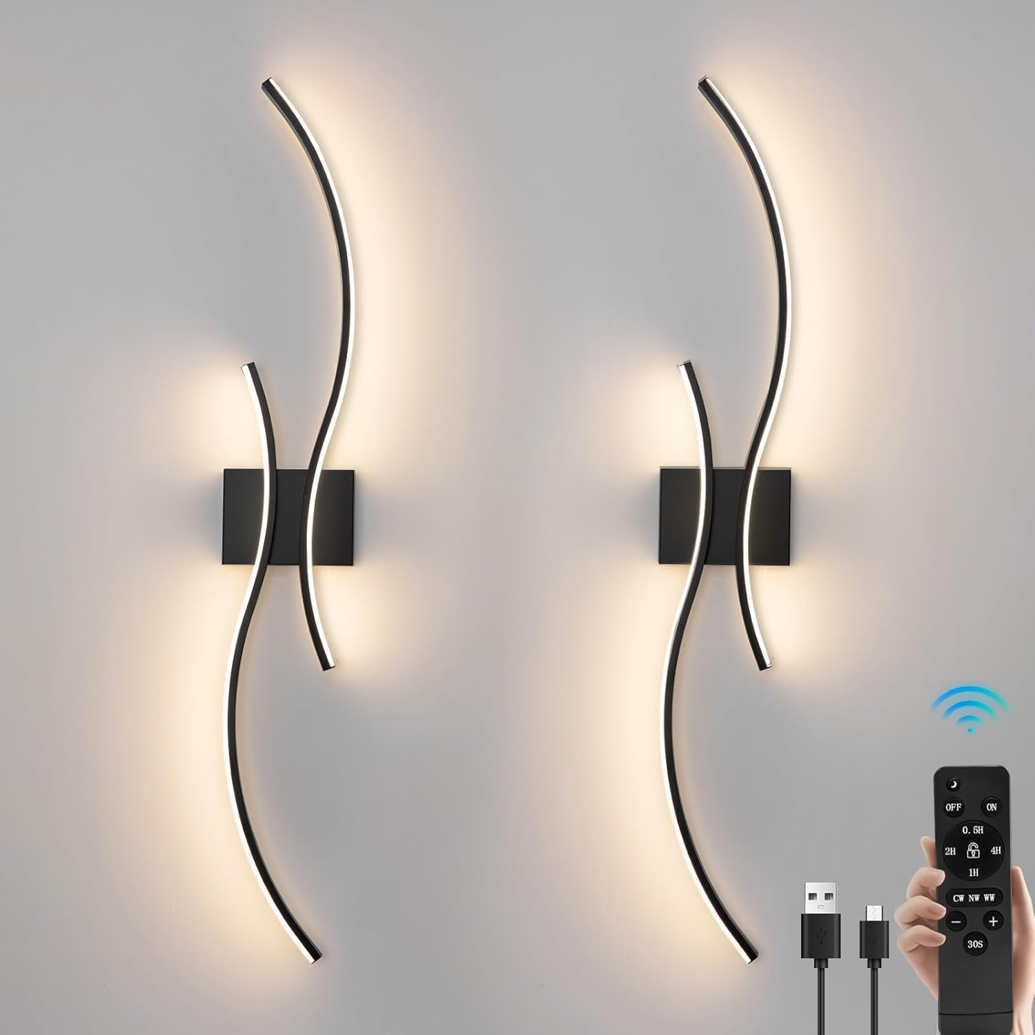 Battery Operated Wall Sconces Set of 2, Dimmable Rechargeable Battery Wall Light with Remote Control, 3000K-6500K LED Black Wireless Wall Sconce for Living Room Bedroom Hallway, 31.5inch (Black) Black 31.5 Inches (2 Packs)