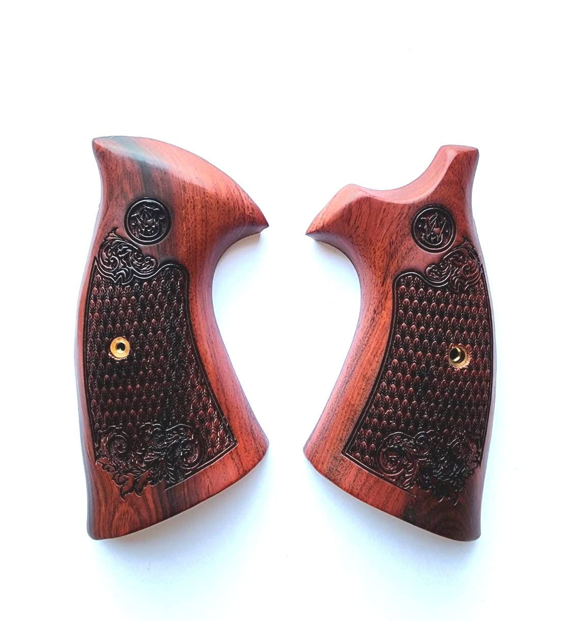 [BMPL] Laser Hardwood Checkered Gun Grips Compatible with Smith & Wesson SW Revolvers K, L Frame Round Butt, 686-64-65-66, New,MP Brown