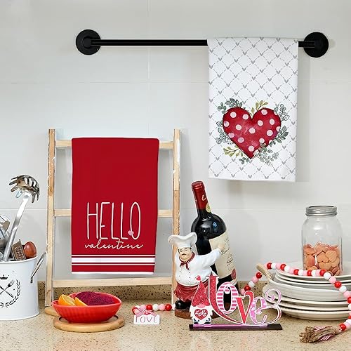 Miniatura 3 de ARKENY AD181 - Juego de 2 paños de cocina para el día de San Valentín, diseño de lunares rojos, hojas de eucalipto, 18 x 26 pulgadas, para