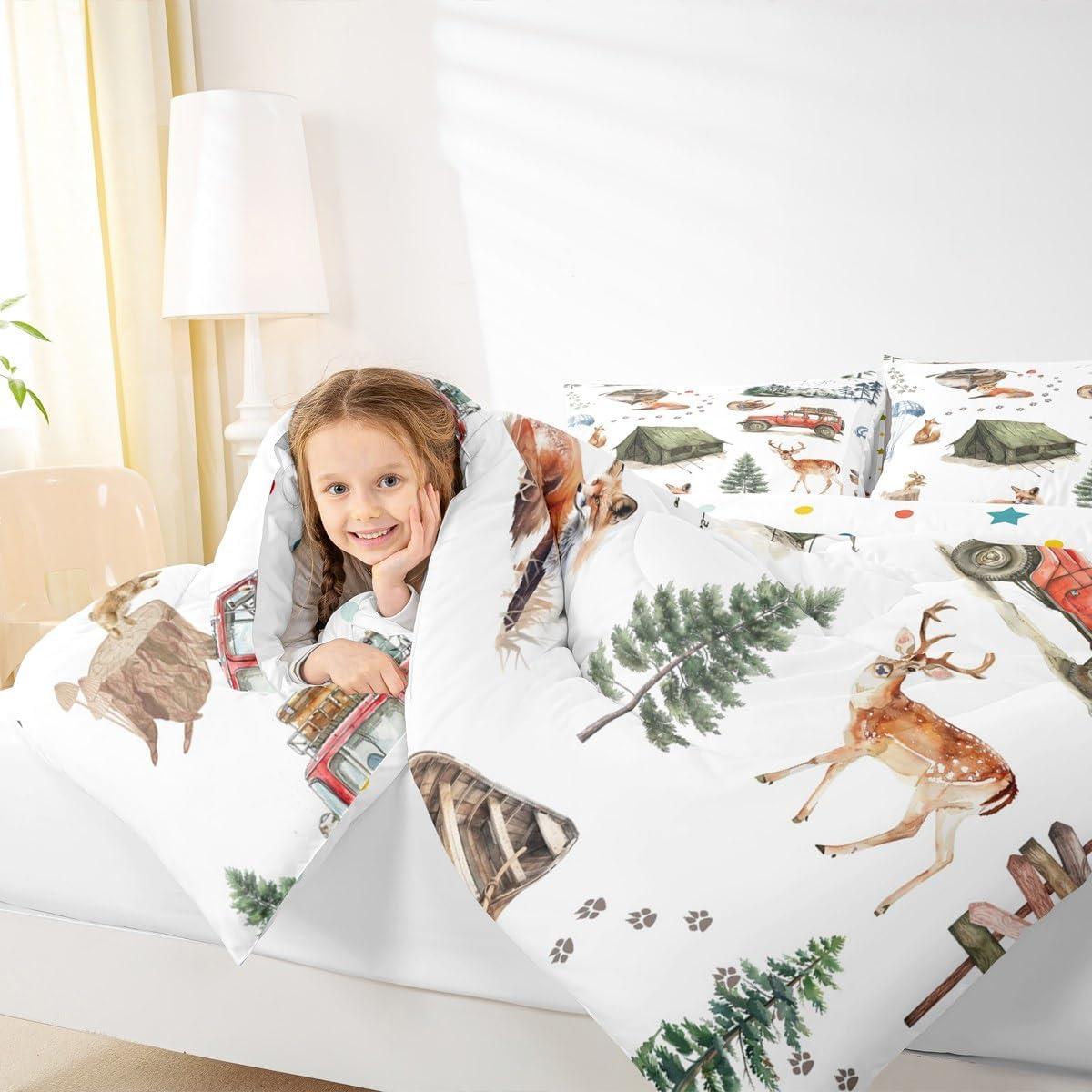 Erosebridal Wild Animal Kids Comforter Set Full Size,Happy Camping Bedding Set for Teens Child Fox Deer Wildlife Comforter Woodland Animals Quilt Camper Car Duvet Insert Western Cowboy Decor