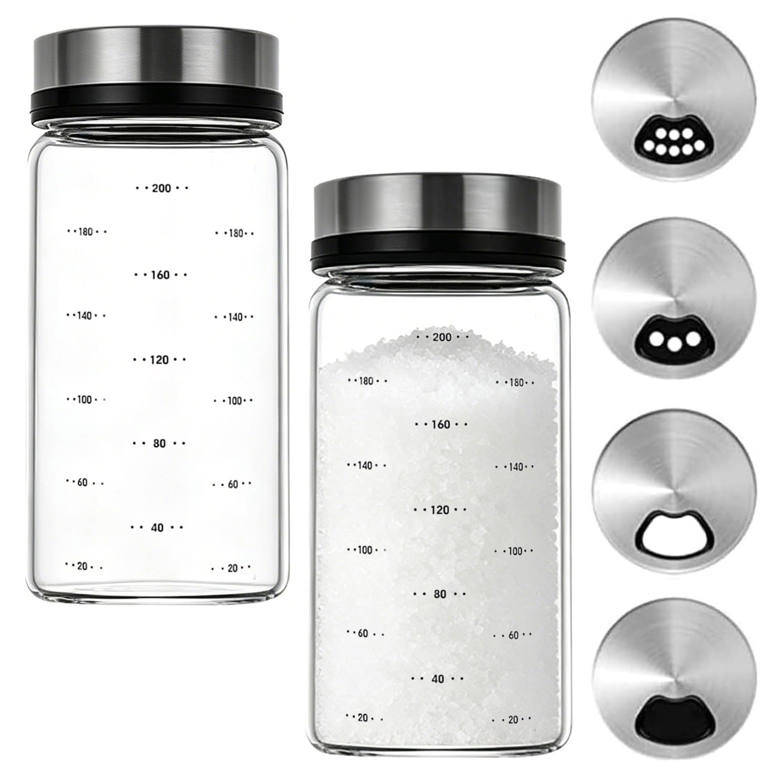 2 pcs Salt Shakers 200ML - Clear Heat-Resistant Glass Seasoning Shaker with 4 Adjustable Pour Holes Rotating Lid, Moisture Resistant Dispenser Seasoning Spice Bottle for BBQ Kitchen Camping Farmhouse