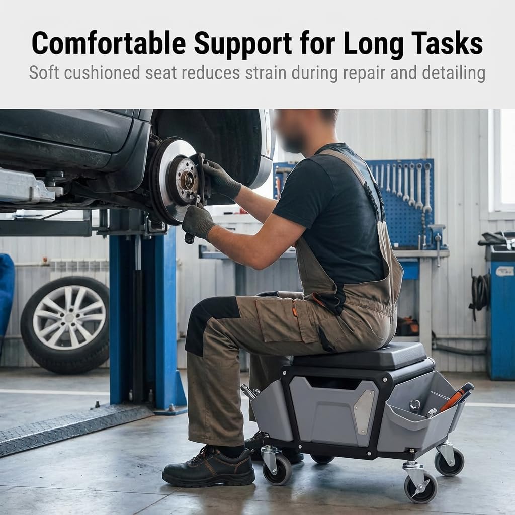 Rolling Mechanics Stool - Heavy Duty 330 LBS Capacity Rolling Garage Detailing Stool with Soft Rubber Cushion Seating & Removable Trays | Mechanics Seat for Auto Repair and DIY Home Car Beauty