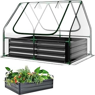 Raised Garden Bed with Greenhouse - 125 x 95 x 92 cm Compact Small Greenhouse With Metal Garden Bed included, Steel Frame, Clear PVC Cover, Zipped Roll up Windows For Plants, Vegetables, Garden