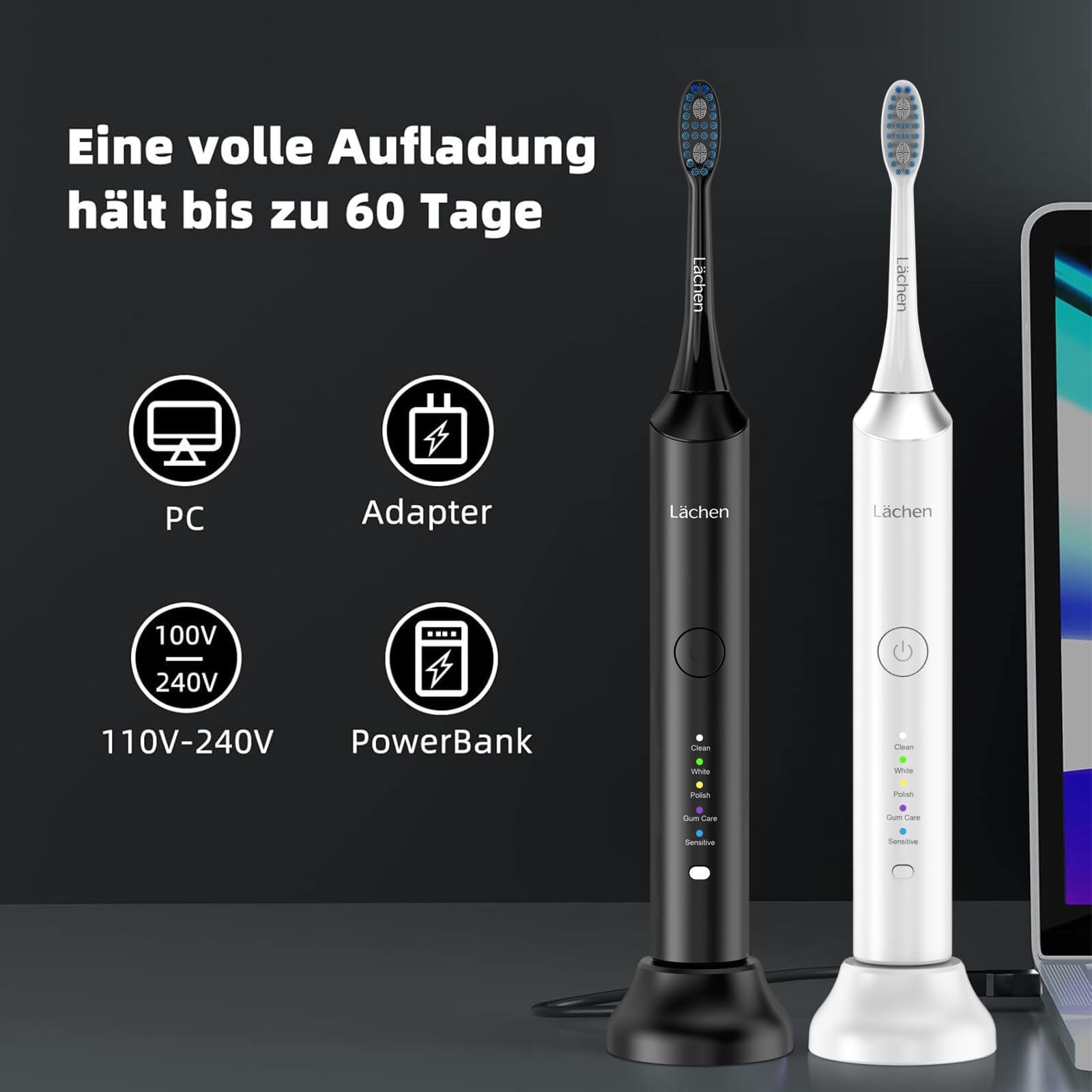 Lächen Elektrische Schallzahnbürste, 5 Modi Elektrische Schallzahnbürste mit Reise-Etui 8 Aufsteckbürsten, USB-Ladung für 60 Tage, Timer, IPX7 Wasserdicht (Weiß & Schwarz)