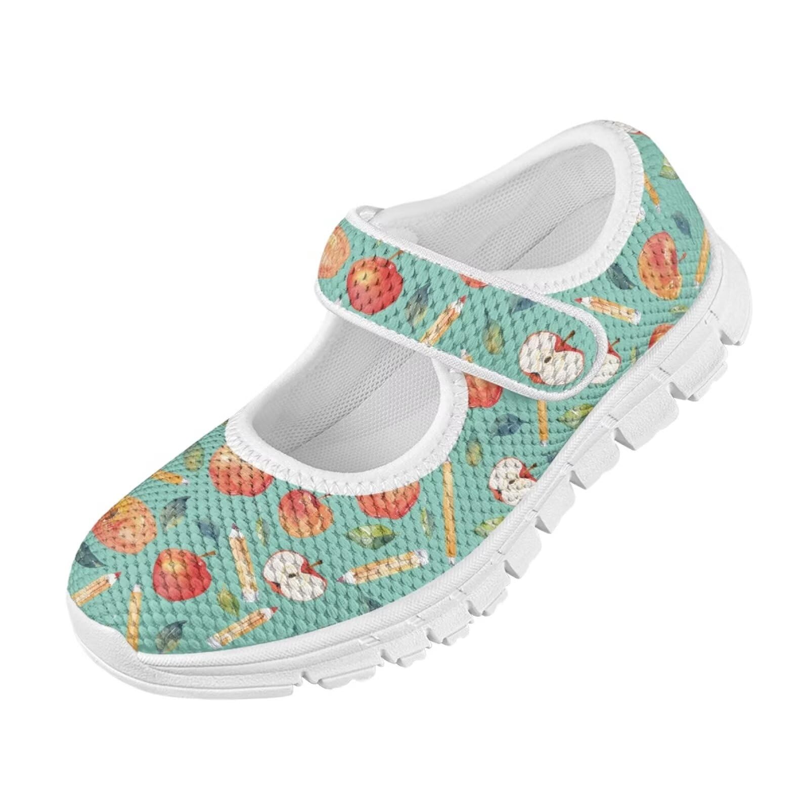 Binienty Girl's Mary Jane School Uniform Shoes Pencil Apple Mesh Mary Jane Sneakers Little Kid Boho Floral Ballet Mary Jane Party Dress Shoes for Tennis, Badminton, Volleyball