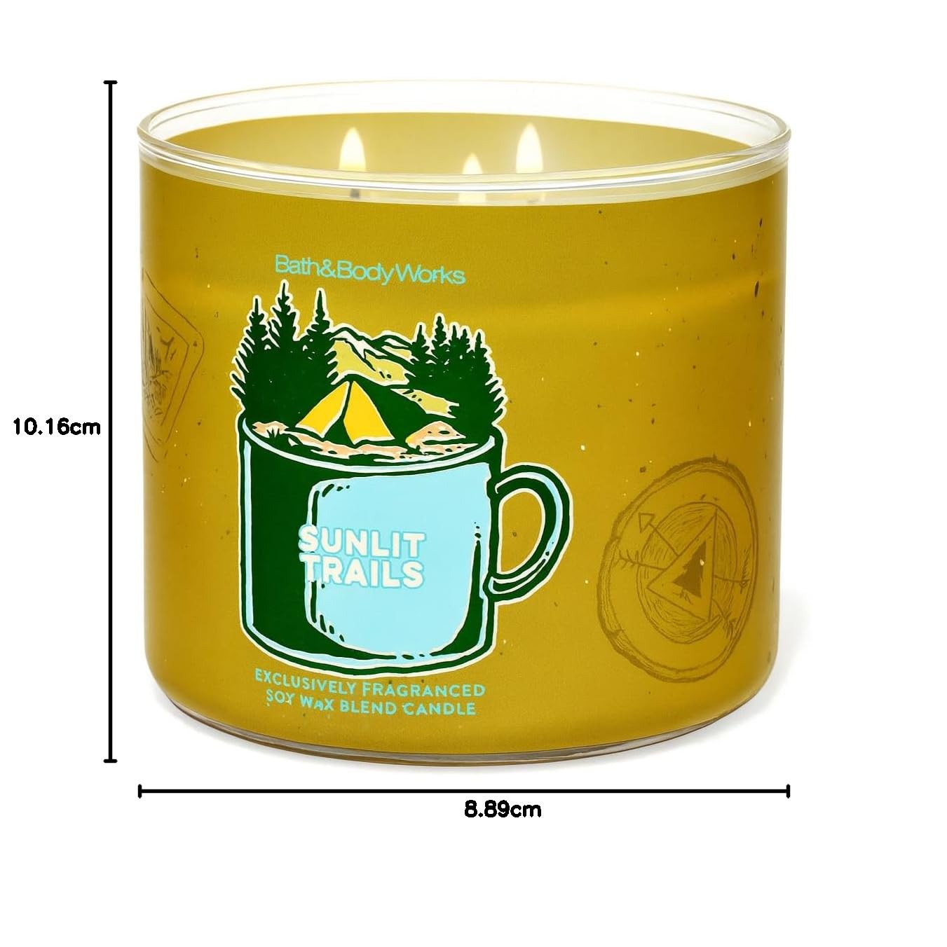 Bath & Body Works Sunlit Trails – Bougie parfumée à 3 mèches – Mélange de cire de soja et de paraffine avec couvercle décoratif, parfum sapin, agrumes et soleil chaud, 411,1 g – Utilisation