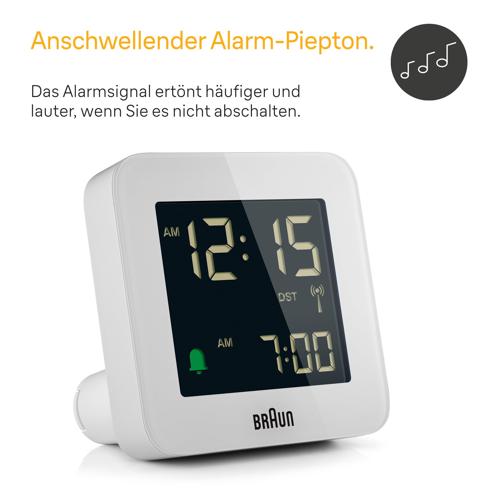 Braun Digitaler Funkwecker Mitteleuropäische Zeitzone (MEZ) mit Schlummerfunktion, Negatives LC-Display, Schnelleinstellfunktion, Crescendo-Alarm in Weiß, Modell BC09W-DCF.