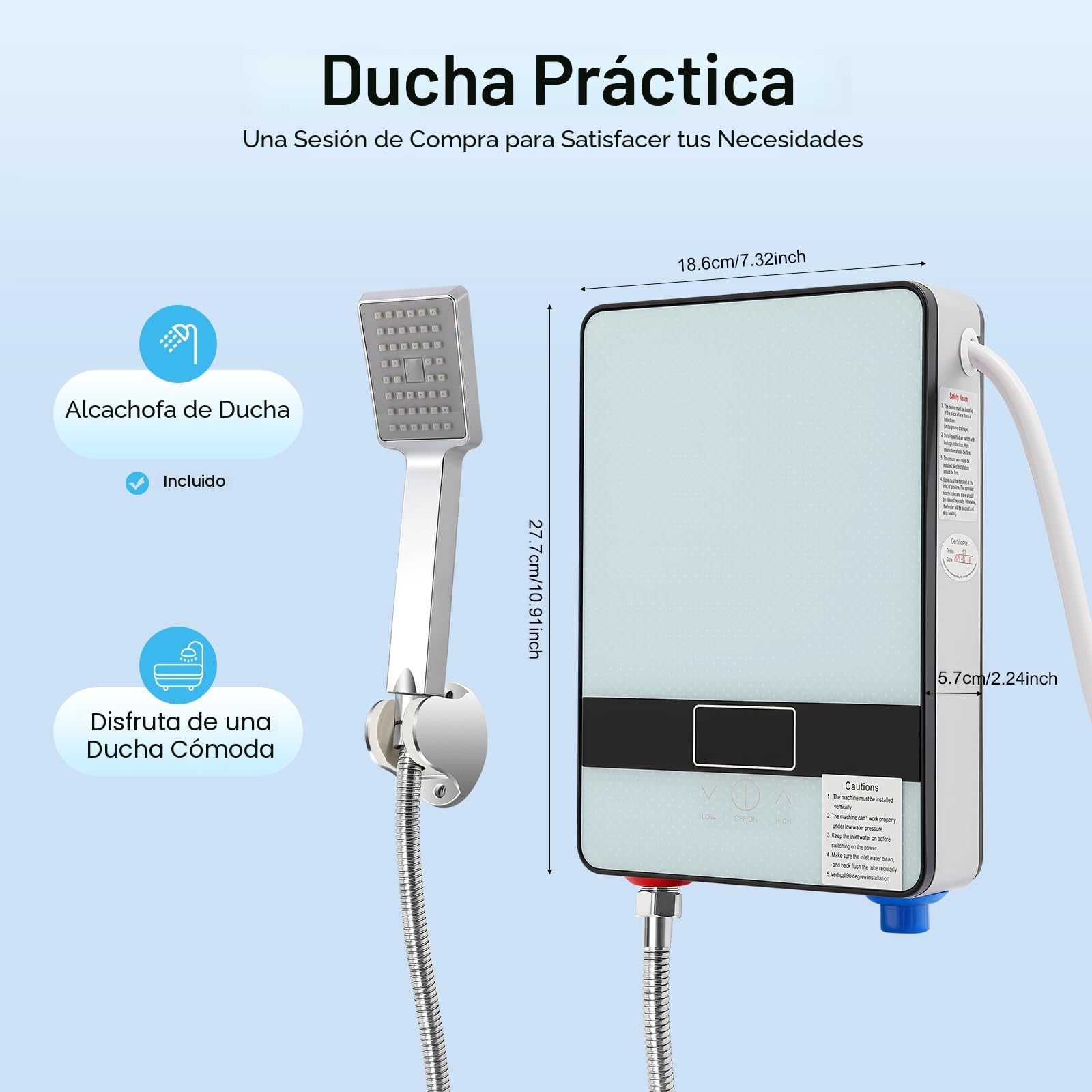 Calentador de agua instantáneo de 6500 W, calentador de agua eléctrico con pantalla LED táctil e inteligencia de temperatura constante, temperatura regulable, IPX24 impermeable, incluye ducha de mano