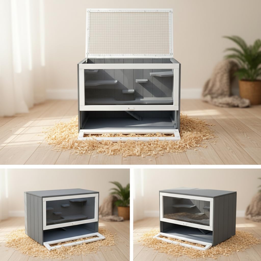 Mucola Hamsterkäfig aus Holz Grau/Weiß – Nagerkäfig mit 5 Etagen, Plexiglasfront & Gitterdeckel, Kleintierheim für Hamster, Mäuse & Rennmäuse, 60x35x42 cm