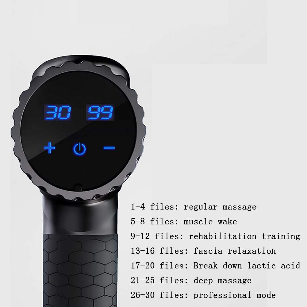 Pistola De Masaje, Dispositivo De Masaje Portátil con 5 Cabezales De Masaje, 5800 RPM 45DB 2500mAh Pistola De Fascia Ajustable De 4 Velocidades con 4 Cabezales De Masaje, Pantalla De Control LCD