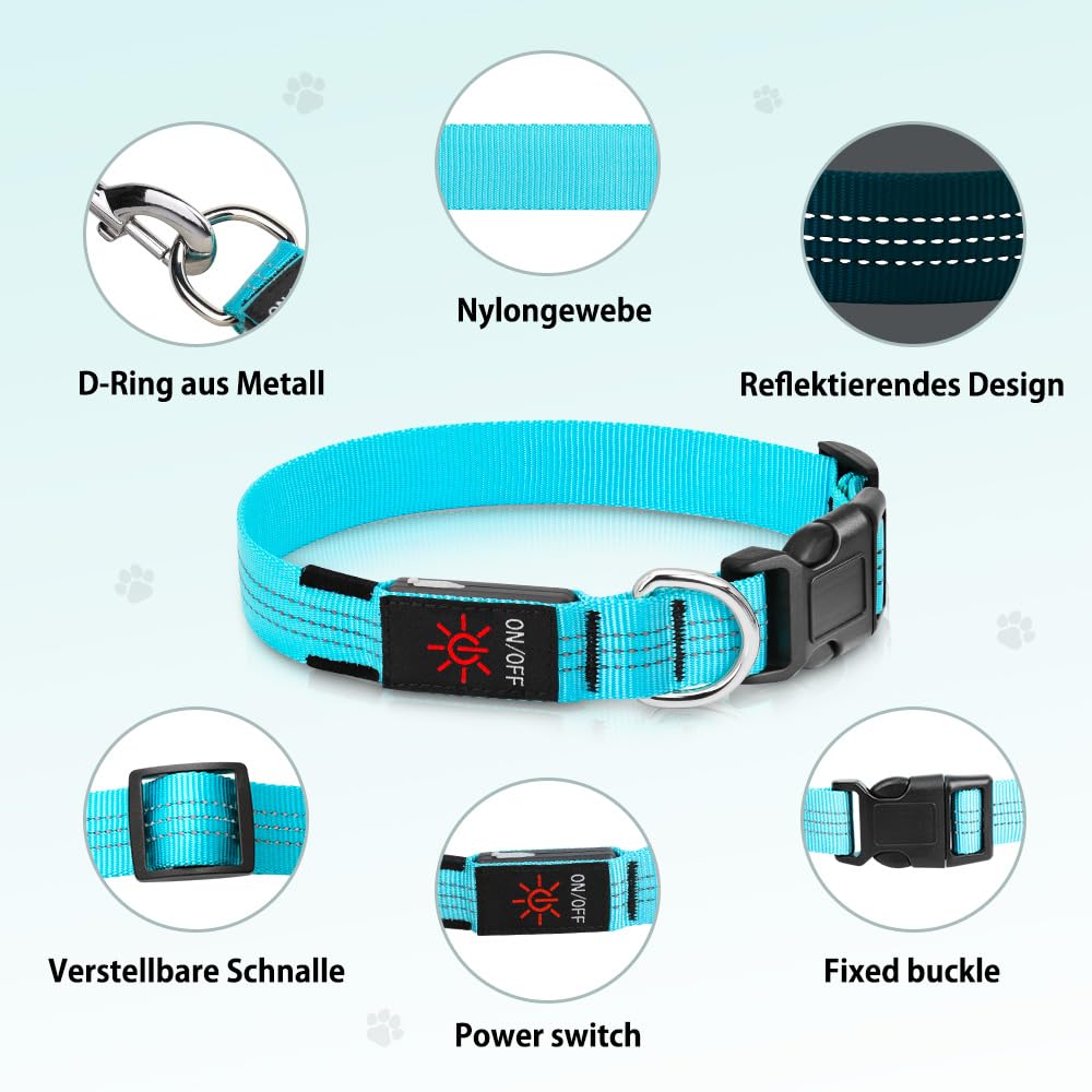 DOMIGLOW Leuchtendes Hundehalsband, wiederaufladbares LED-Halsband, leuchtet im Dunkeln, reflektierendes Haustier-Sicherheitslicht für Hunde, Spaziergänge, Camping bei Nacht (Blau, S)