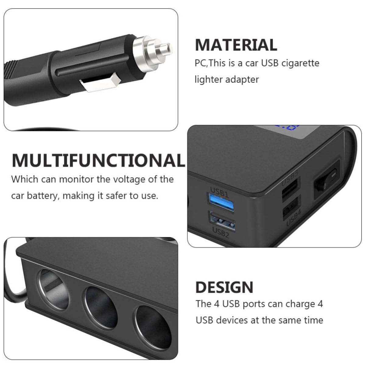Homoyoyo Cargador de Coche Divisor de Corriente Continua, 4 Puertos USB y 3 Tomas de Encendedor, 180 W Máx., Pc, Negro, para USB Fans y Mp3s, Indicador de Voltaje y Interruptor