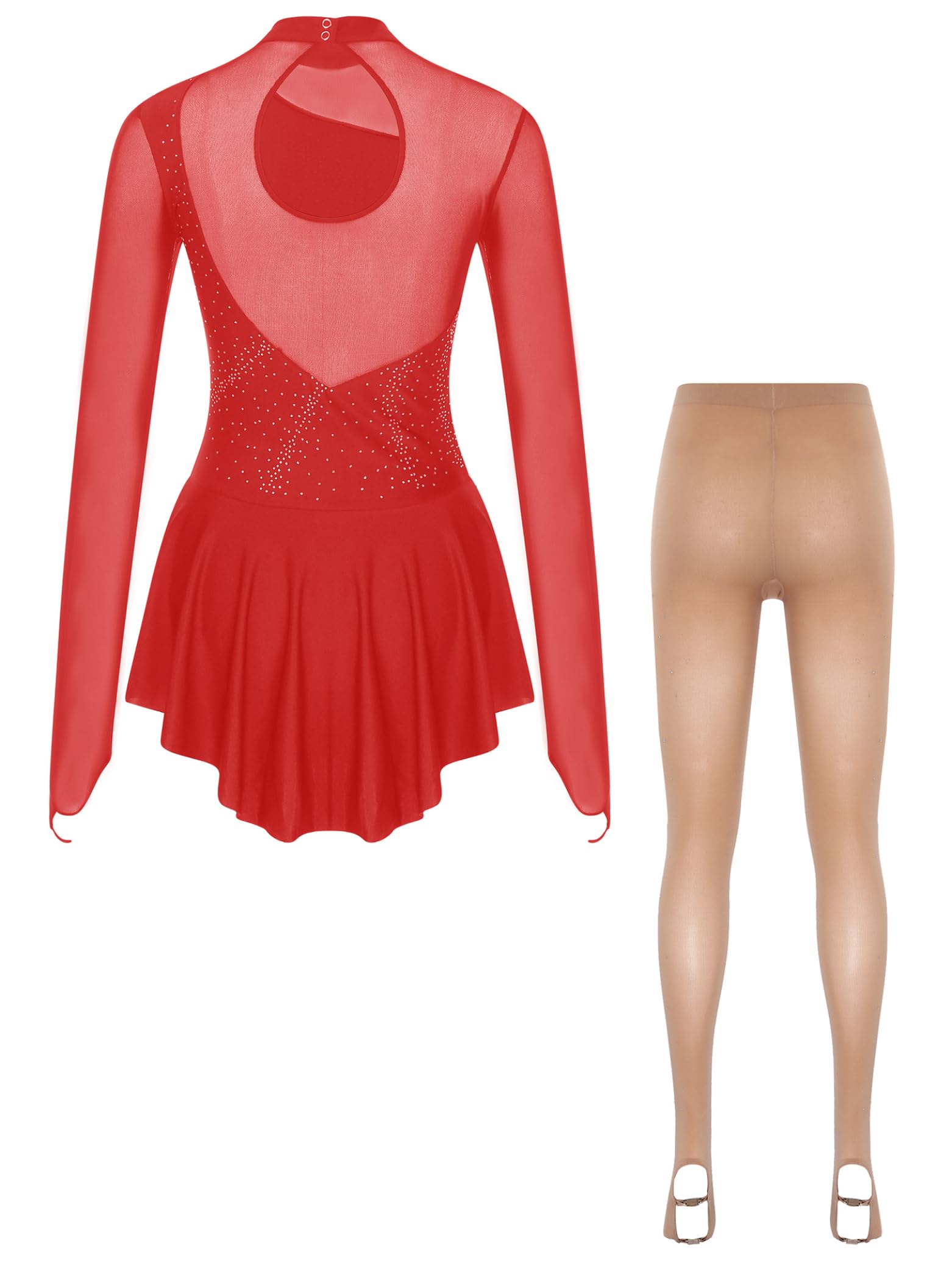 Jugaoge Vestido de mujer de manga larga para patinaje artístico, malla brillante, empalme, traje de gimnasia con falda tutú + ballet danza medias de competición