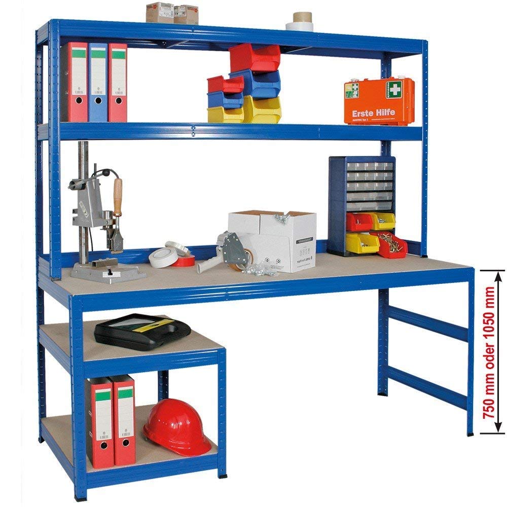 BRB Packtisch/Werkbank mit Aufbau und Unterbau, BxTxH 1800x600/300x1800 mm, blau