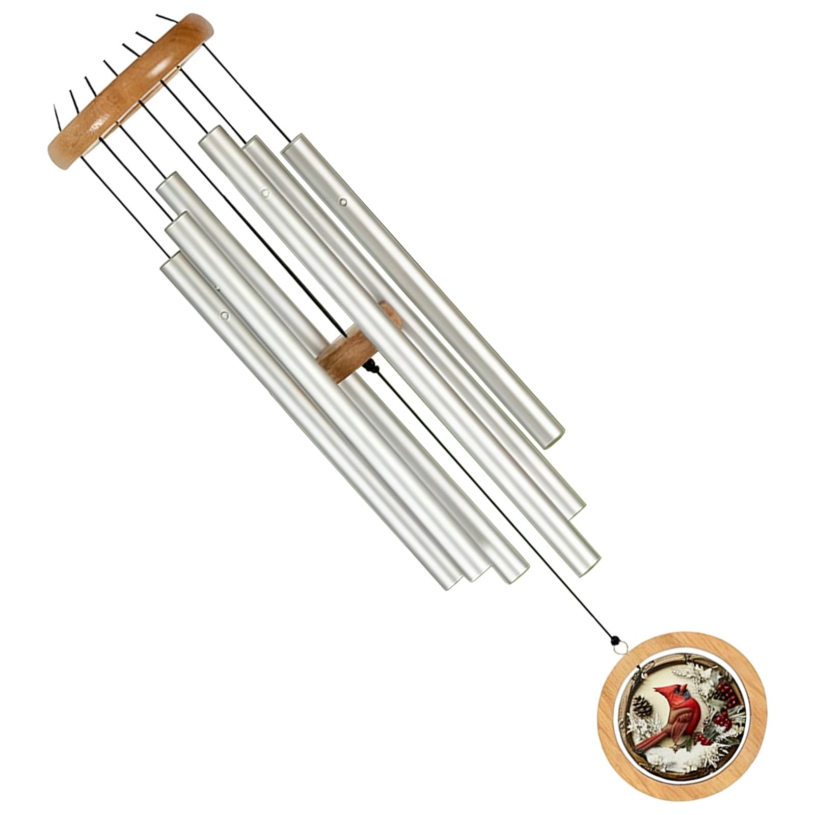 Nowoczesne dzwonki wietrzne Cardinal Outdoor Memorial, srebrna rura aluminiowa, 86 cm, 4,5 cala/11,4 cm ozdobna ozdoba, drewniana pętla do ogrodu, na patio, do domu