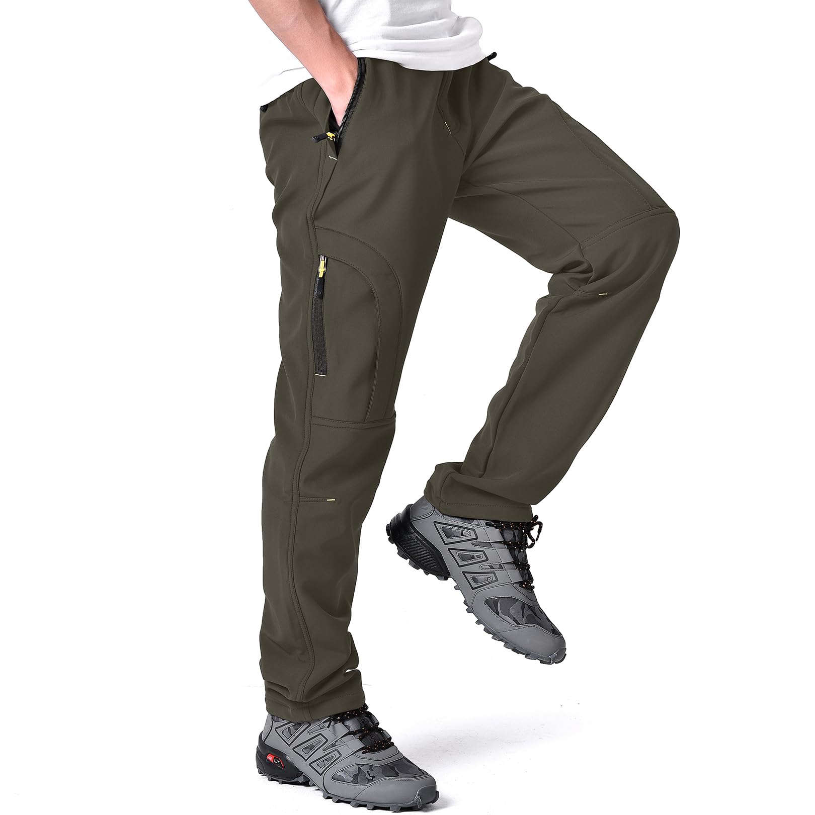 Toomett Men's Snow Pants Skiing Winter Insulated Soft Shell Outdoor Fleece Lined Hiking Pants with Zipper Pockets,MH4409,earth tone,34