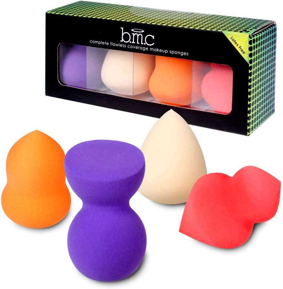 BMC 4pc Pro Cosmetic Foundation Puff Blender Teardrop Hourglass Spade Sculptor Set - Complete Flawless Coverage Makeup Sponges