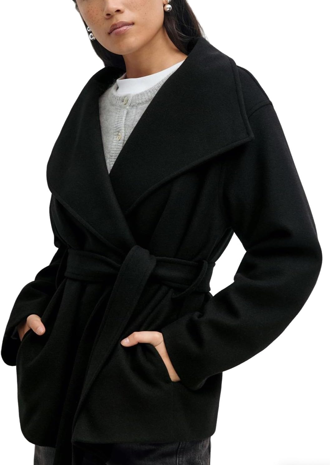 CHARTOU Women Wool Blend Pea Coat Fall Winter Oversized Lapel Shawl Collar Midi Trench Overcoat with Belt