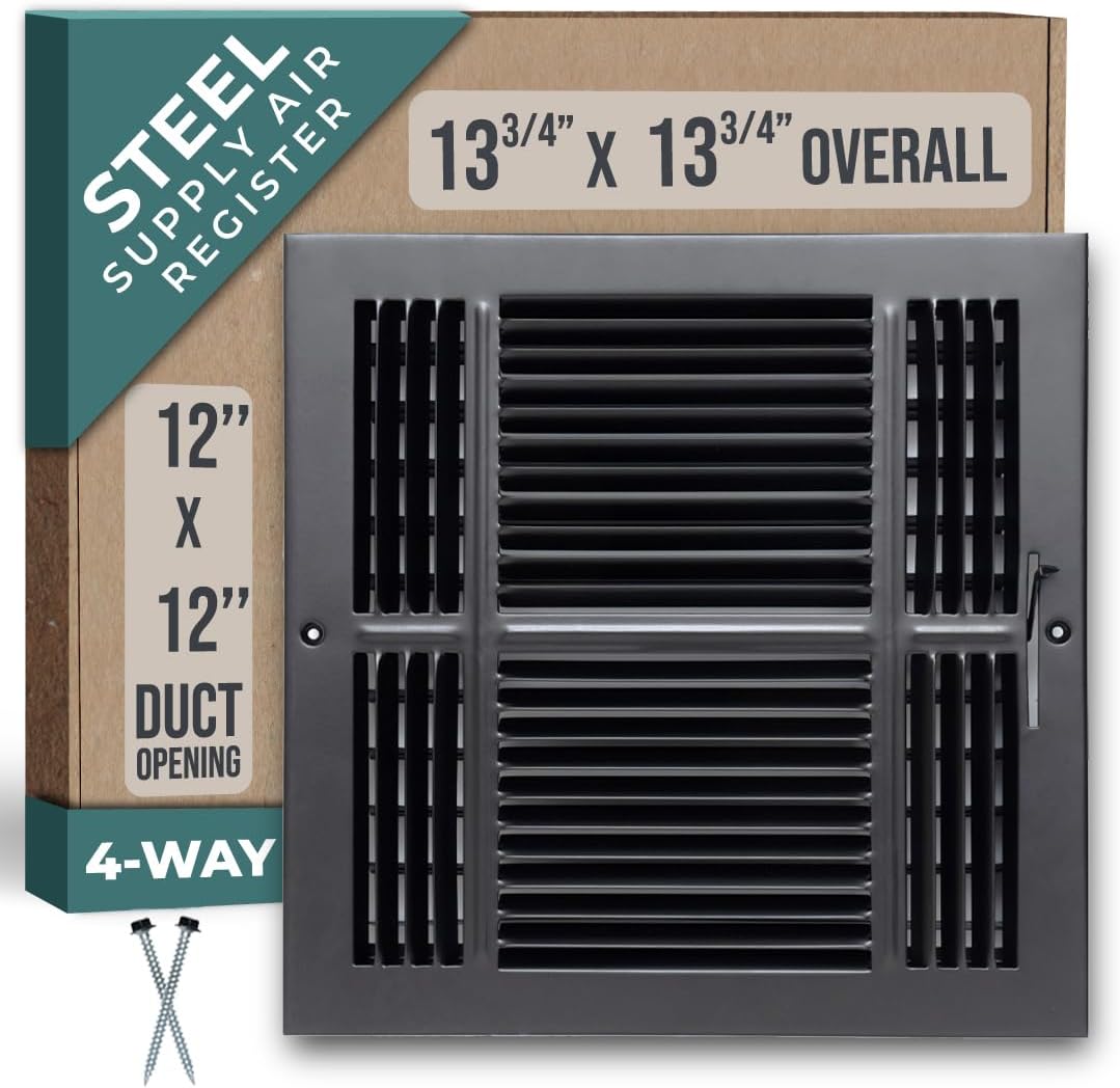Fits 12x12 Duct Opening 4 Way Steel Air Supply Diffuser by Handua | Register Vent Cover Grill for Sidewall and Ceiling | Black | Outer Dimensions: 13.75" X 13.75"