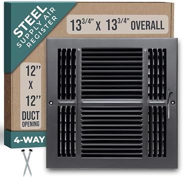 Fits 12x12 Duct Opening 4 Way Steel Air Supply Diffuser by Handua | Register Vent Cover Grill for Sidewall and Ceiling | Black | Outer Dimensions 13.75" X 13.75"