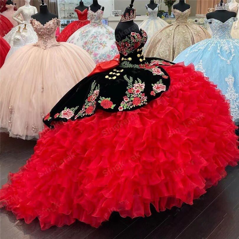 Black Red Velvet Vintage Quinceanera Dresses Charro Mexican Embroidered Ball Gown Sweet 16 Girls 20253