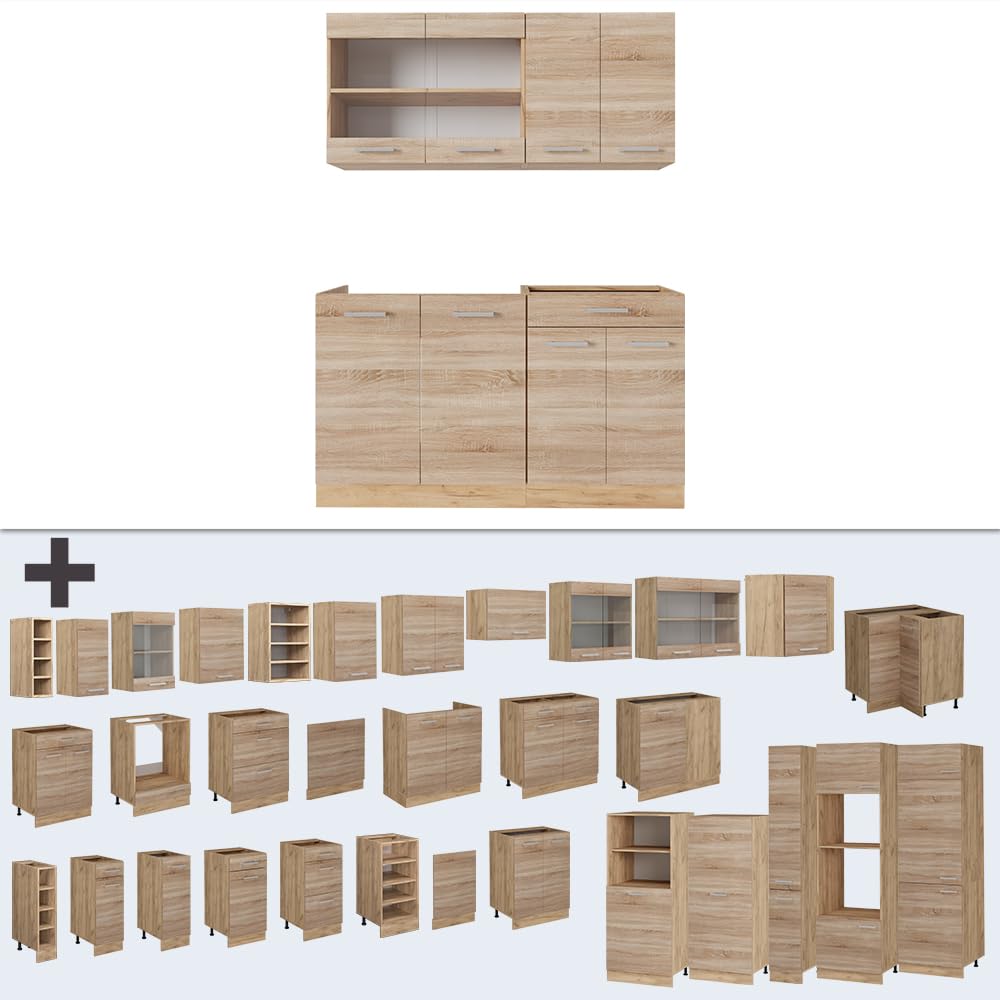 Vicco Single Küche R-Line, Sonoma/Goldkraft Eiche, 140 cm, AP Anthrazit, geeignet für freistehende oder wandnahe Montage