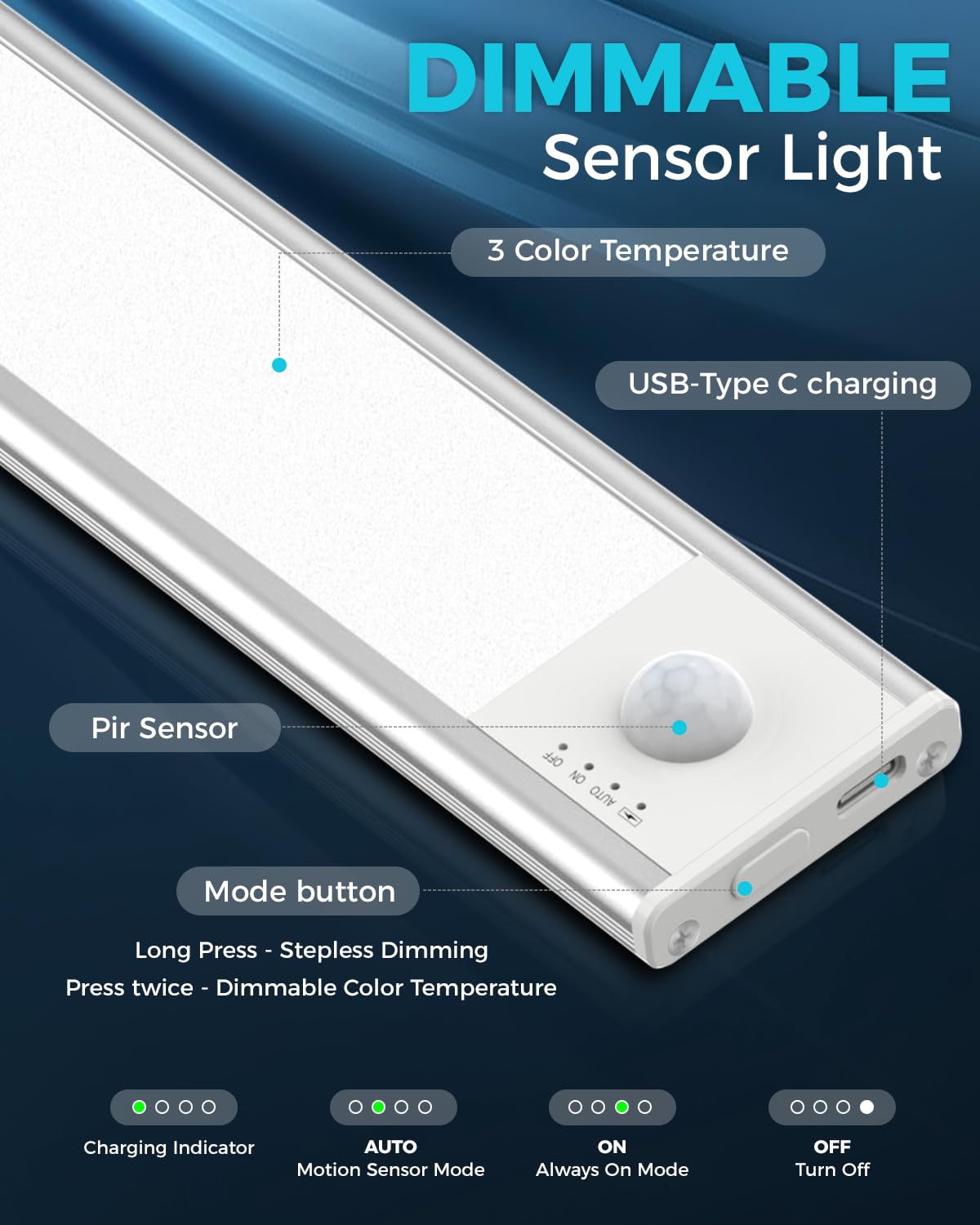 Luz LED bajo mueble cocina 40cm inalámbrica - 3000K-4000K-6500K, sensor de movimiento, regulación continua de brillo, tira luminosa con batería extraíble para armario, escalera, baño - 2 unidades