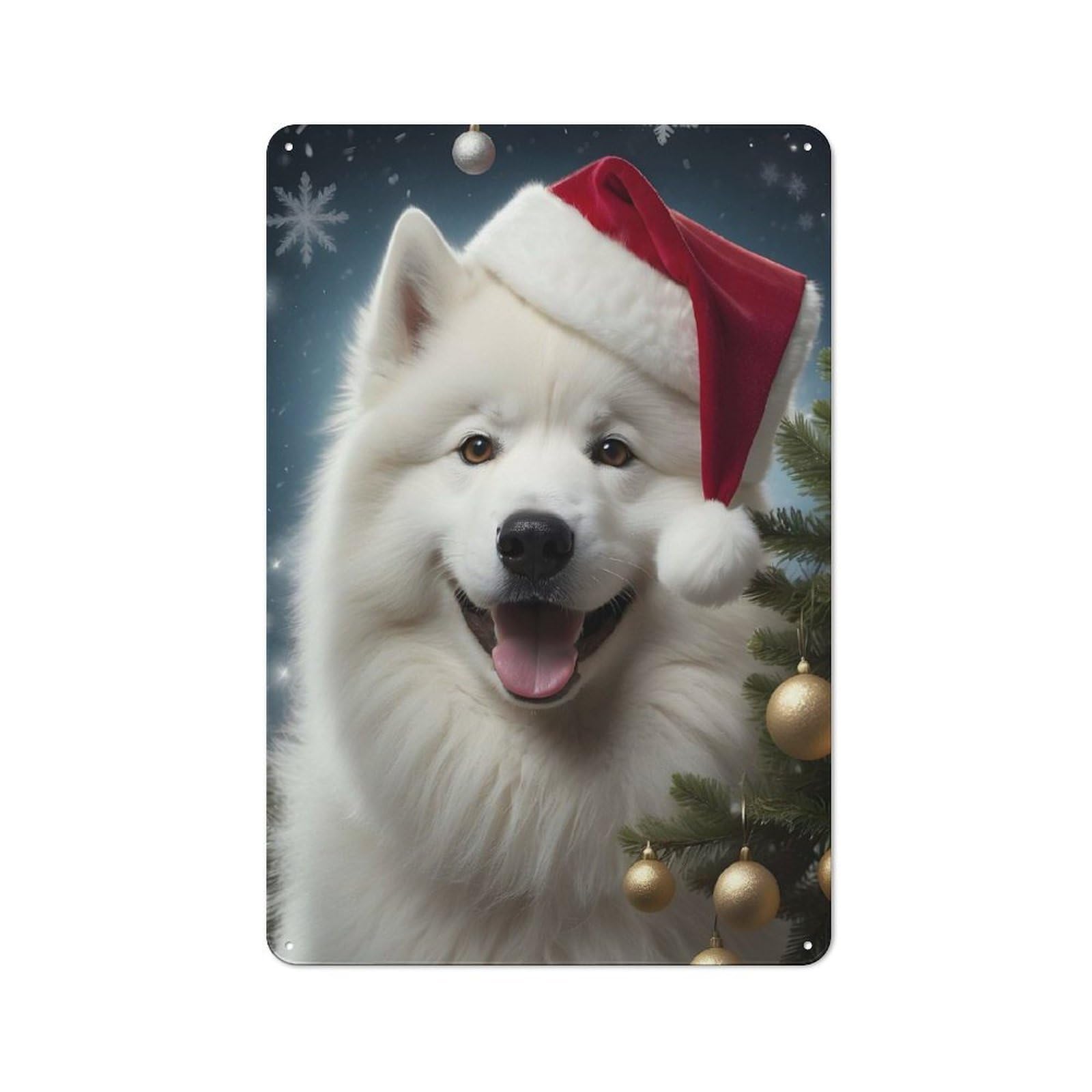 Junmoney Dog Samoyed Santa Hat Vintage Metal Wall Decor 30X20cm, Tin Wall Sign For Coffee Bar, Kitchen, Bistro Or Tea Corner