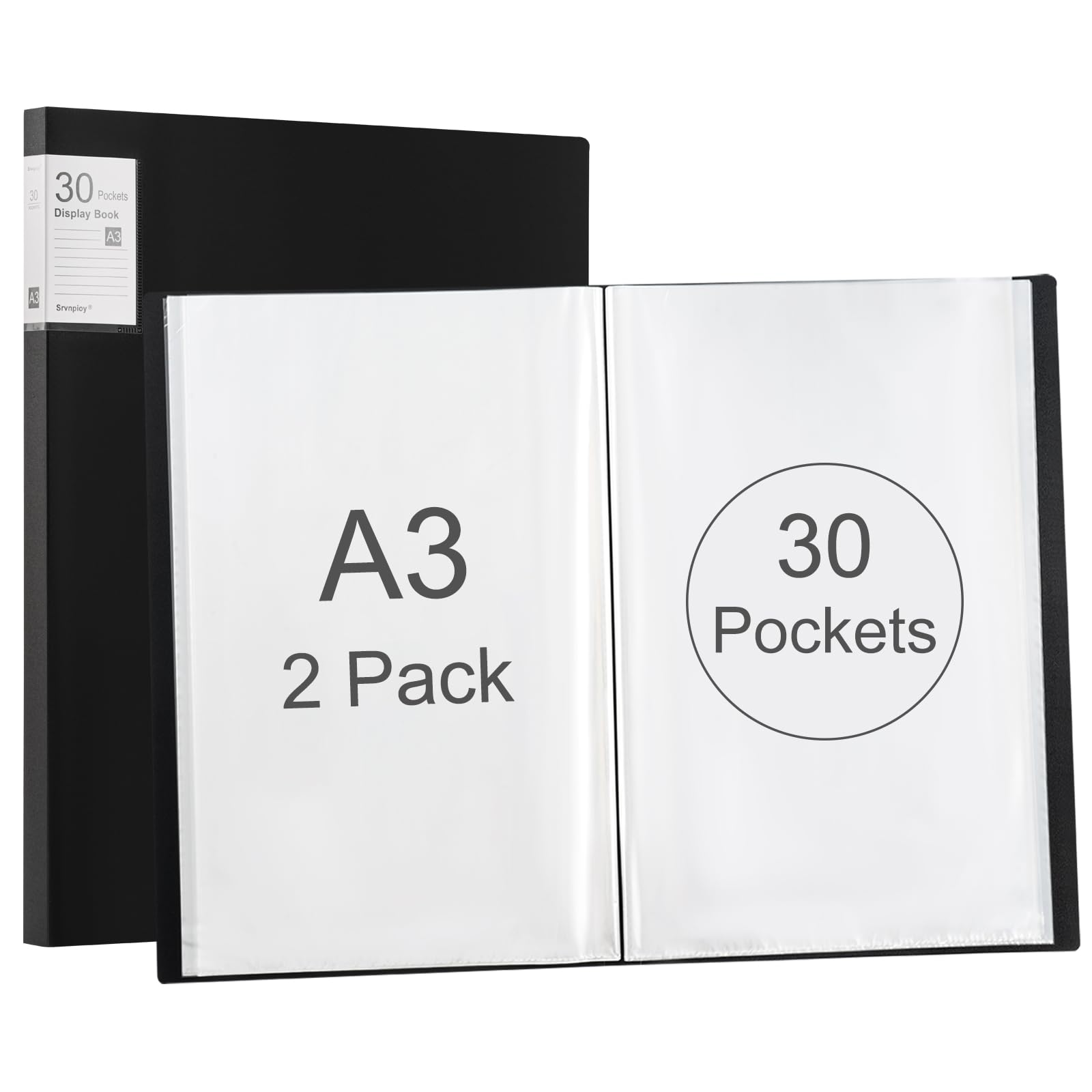 Srvnpioy A3 Display Book 30 Pockets, 2 Pack, 60 Sheet Capacity, Transparent Pockets - Image 2