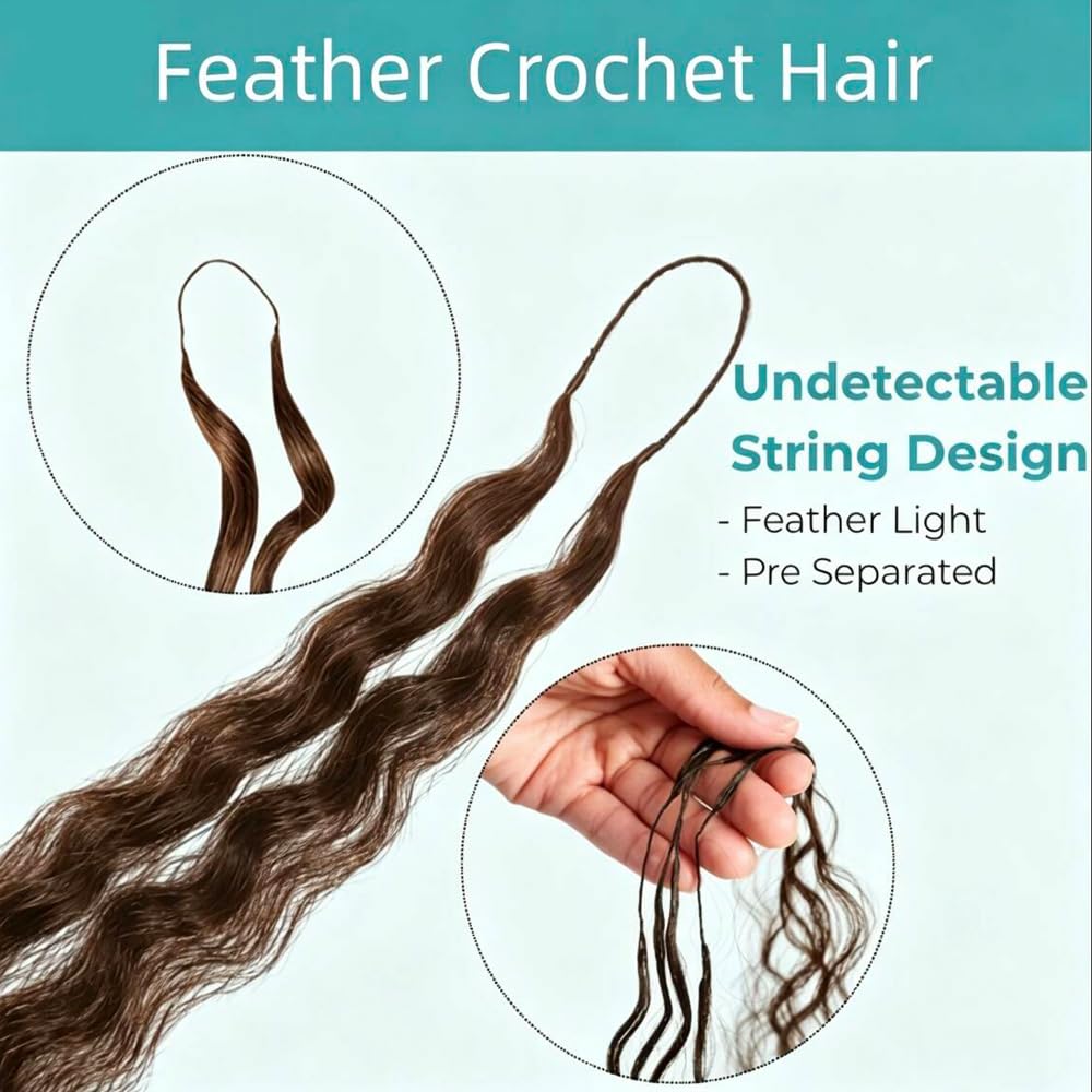 Extension di capelli umani ondulati all'uncinetto, con piume pre-separate, leggere, riutilizzabili, 50 g, 40 pezzi, #4 marrone cioccolato, da donna, 40 cm