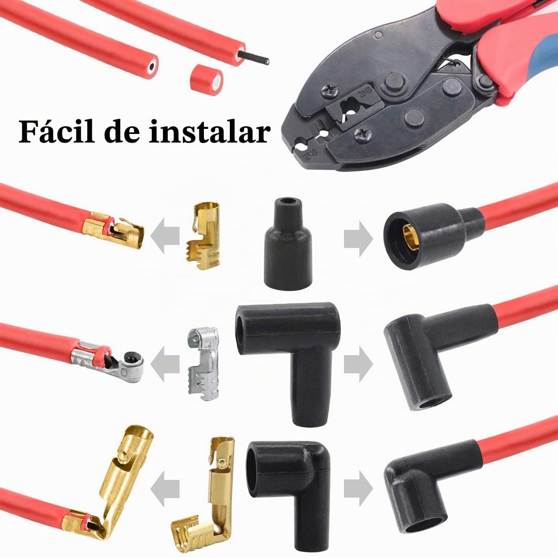 Glarks Juego de 25 piezas de crimpadora de alambre de bujía de trinquete y terminales de bobina de bujía de 180 grados/90 grados/rectos, para engarzar y pelar cables de encendido de bujía