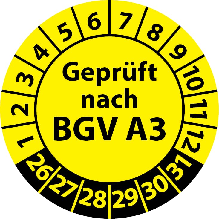 Prüfplakette Geprüft nach BGV A3, Vinylfolie, selbstklebend, Prüfaufkleber, Prüfetikett, Plakette (25 mm Ø, Gelb, 500)