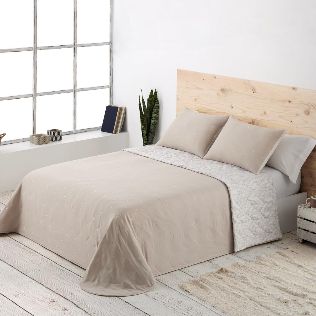 BOHEME Colcha Lisa Reversible Bordada Beige Cama 150 cm - 250x270 cm