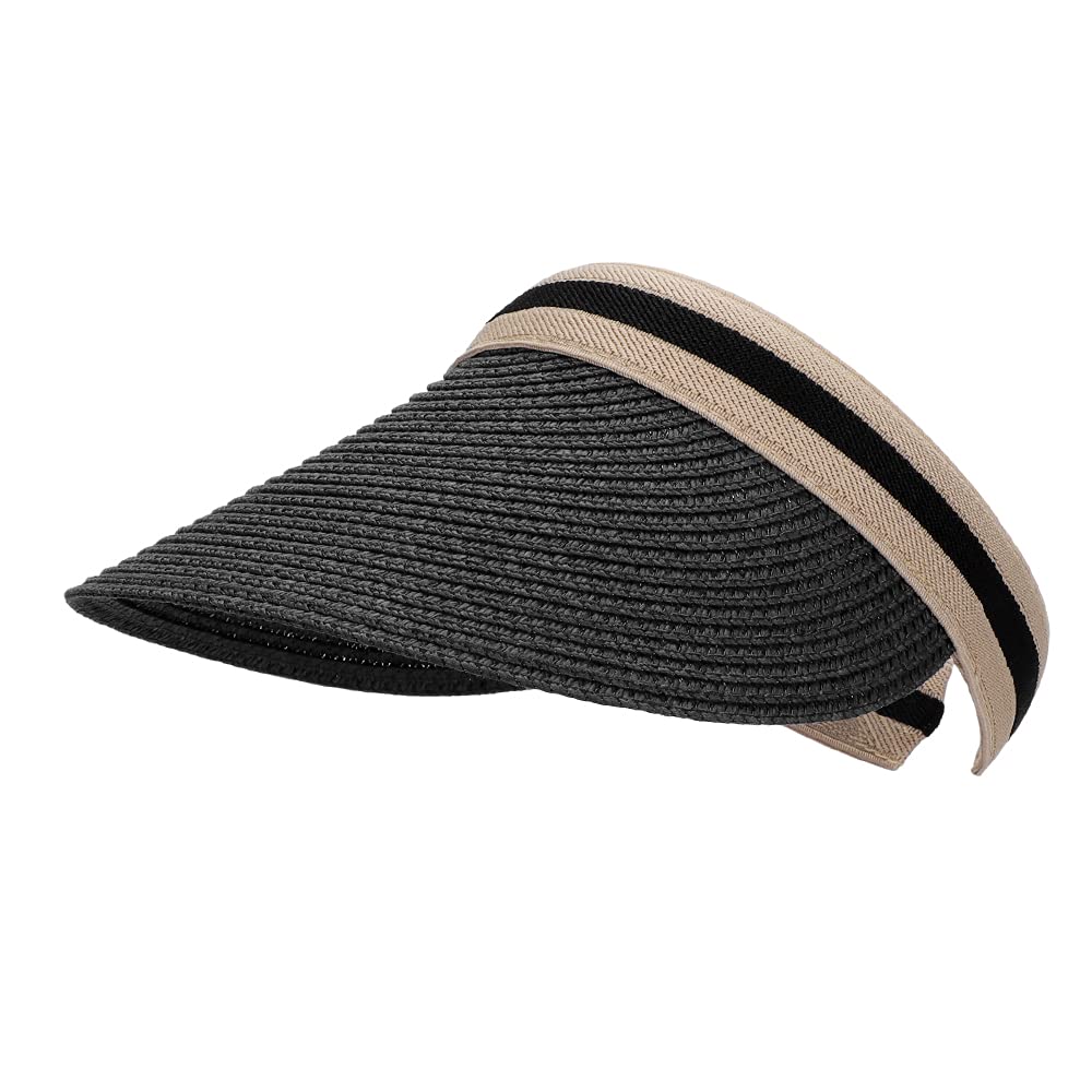 Straw Sun Visors Hats for Kids Embroidered Boys and Girls Wide Brim Roll Up Ponytail Open Top Cap Adjustable Summer Beach UV UPF 58 Travel Outdoor Camping Hiking Packable Foldable,Black