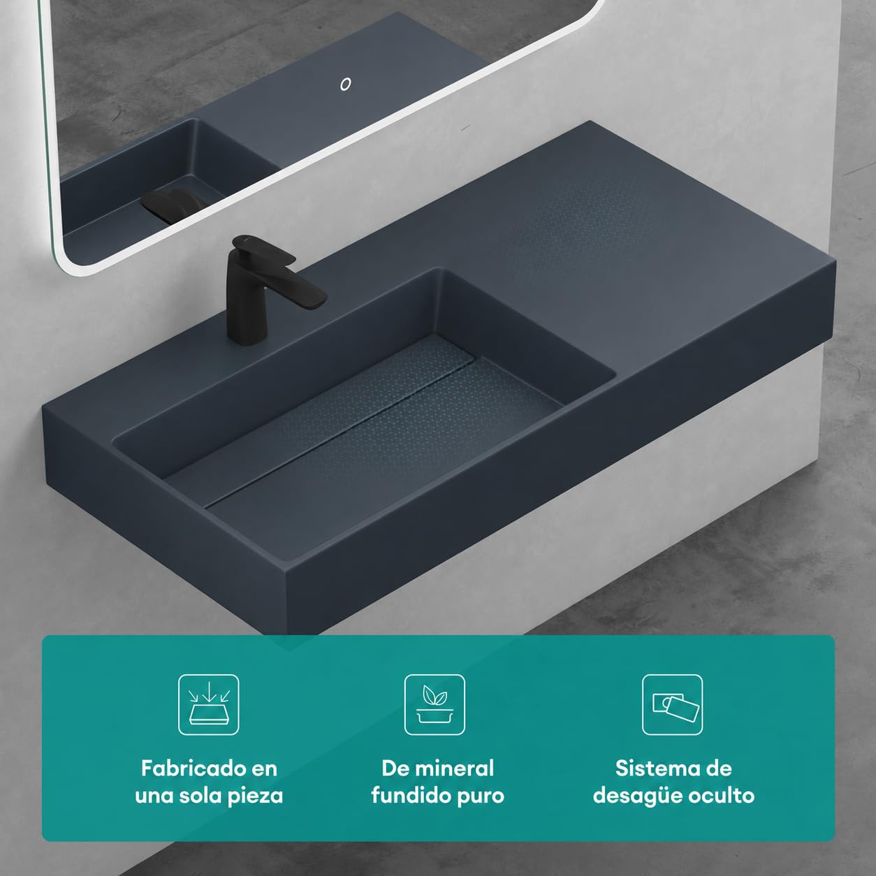 Mai & Mai Lavabo Izquierdo sobre Encimera 100cm Antracita Col12 | Lavabo Suspendido Mármol Fundido, con Orificio para Grifo y Válvula Desagüe, Conexión Estándar DIN, Tapa de Desagüe Oculta