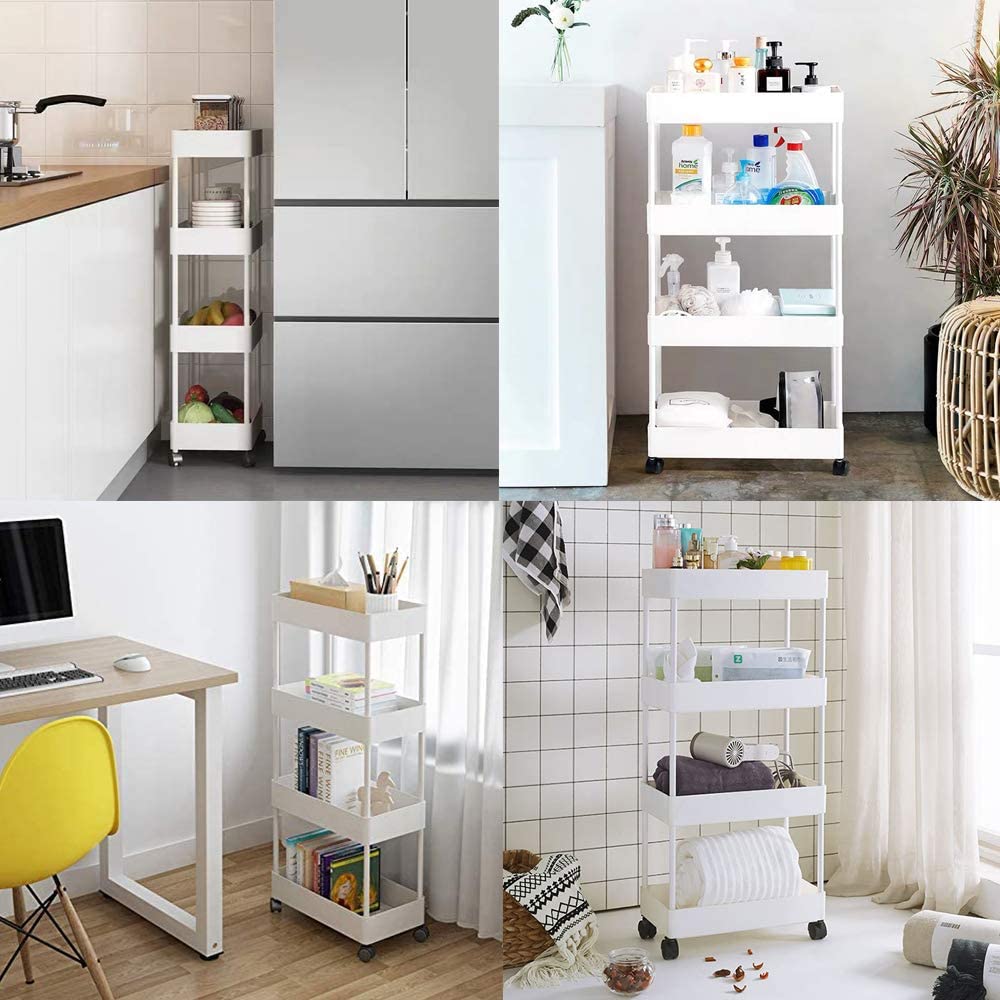 JAKAGO Carrello Portaoggetti a 4 Livelli,Carrello Portaoggetti su Ruote Scaffale da Cucina con Tazza Appesa Carrellino Salvaspazio per Cucina Bagno Ufficio Biblioteca Salone-Bianco