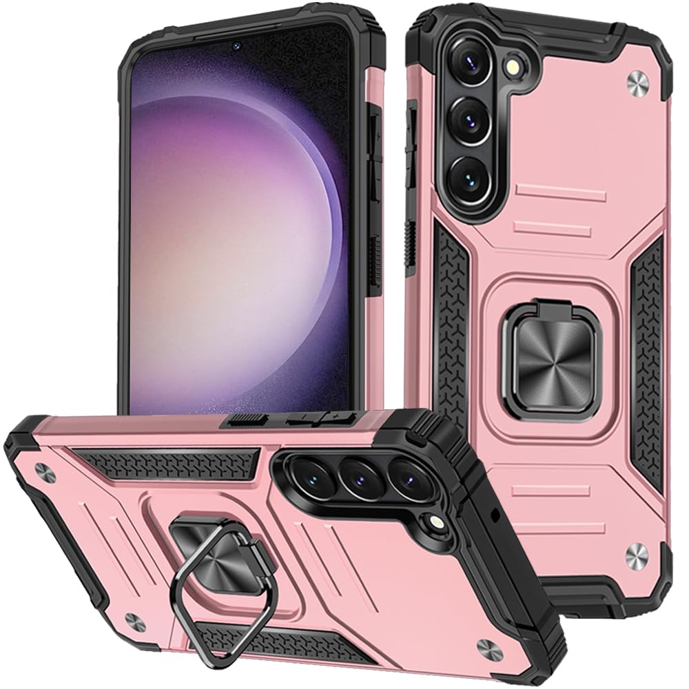 for Samsung S23 Case: Military Grade 360° Rotatable Kickstand Shockproof Protective Cases for - Samsung Galaxy S23 (Rose Gold)