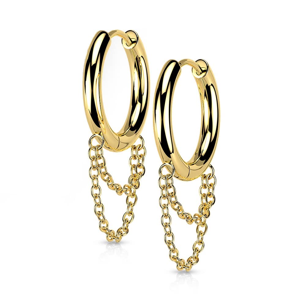 18GA 316L Stainless Steel Dangling Double Chains Hinged Hoop Earrings, Sold as a Pair (Gold Tone)